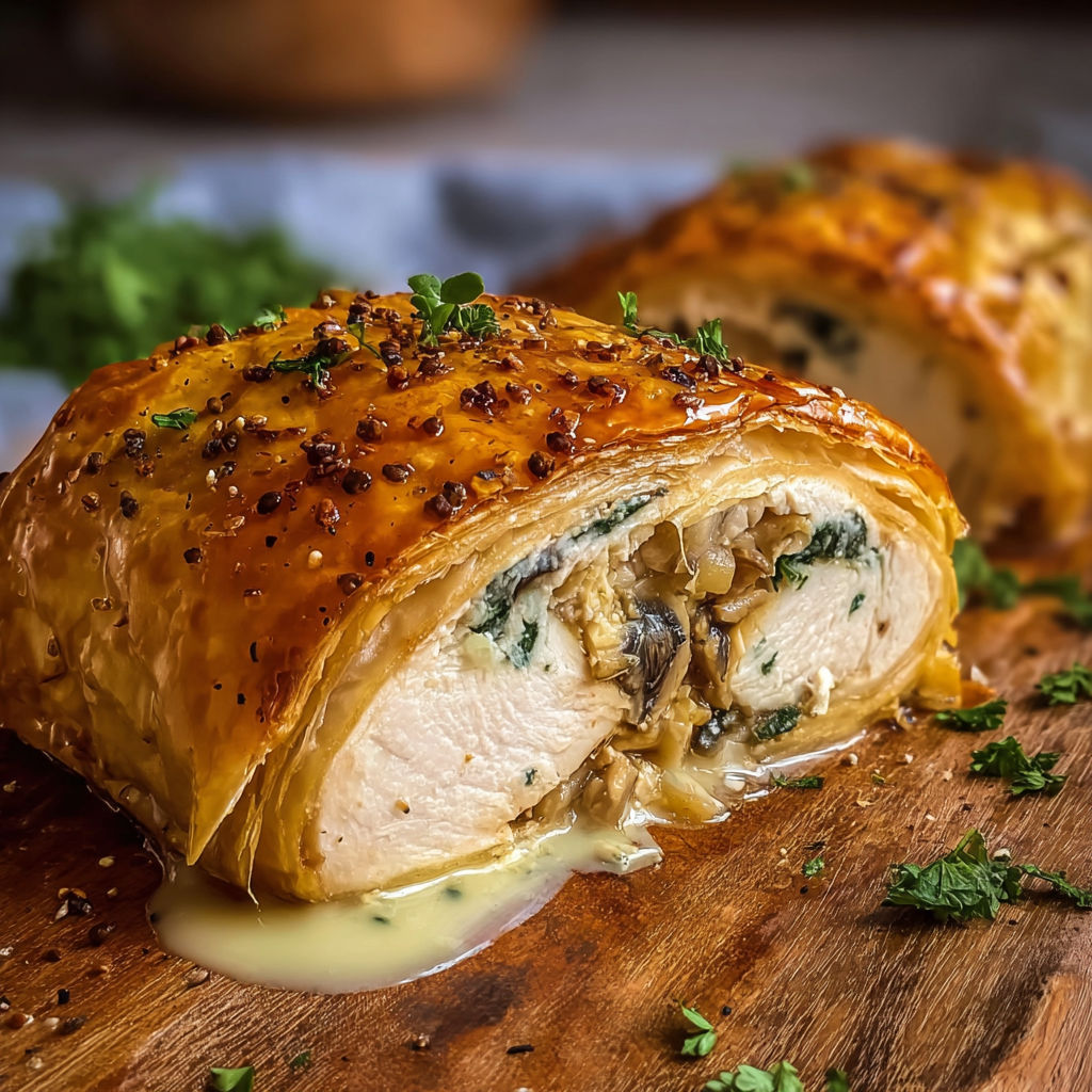 A delicious pastry filled with chicken and mushrooms, sitting on a wooden cutting board.