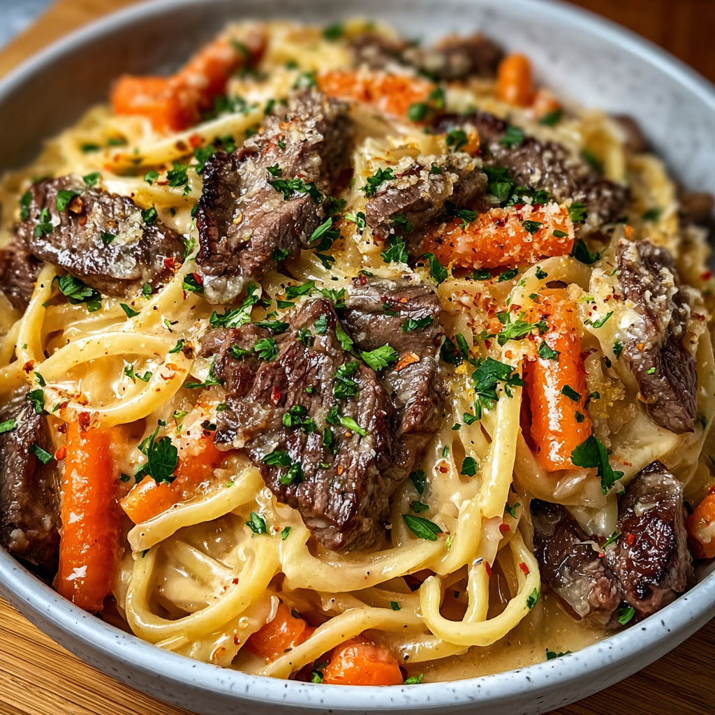 A delicious meal of steak linguine with roasted carrots and parsley, served in a bowl.
