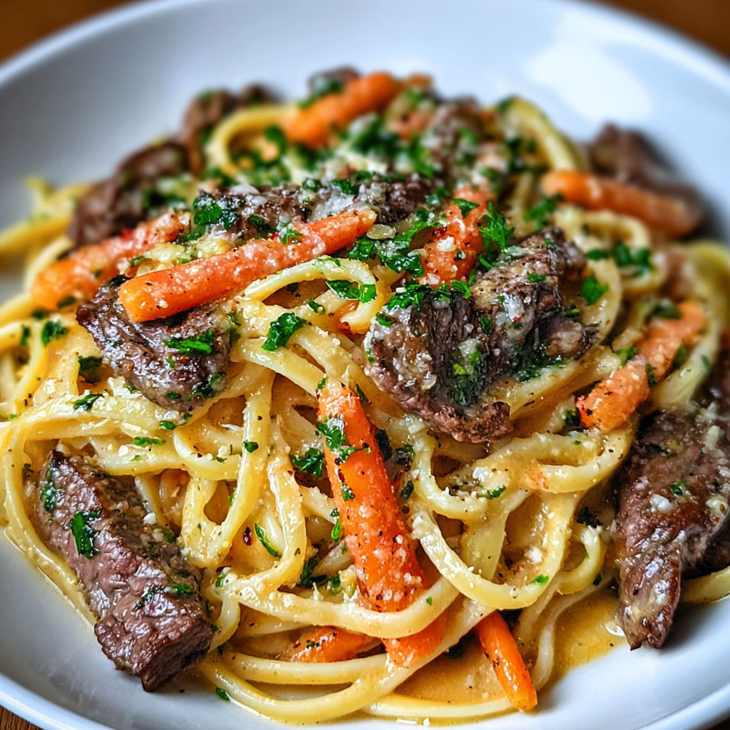 A plate of spaghetti with meat and carrots, topped with cheese and herbs.