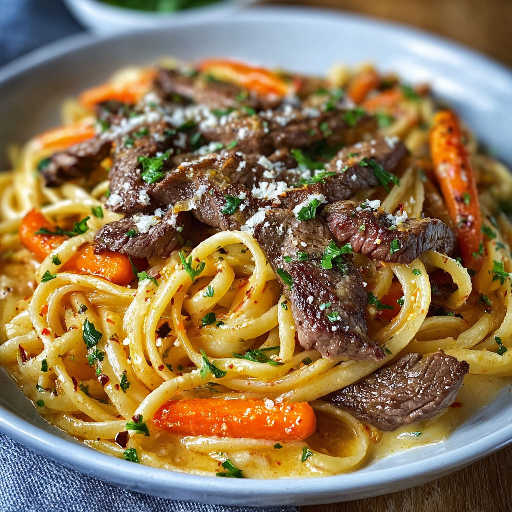A plate of spaghetti with meat and vegetables, including carrots and onions, is served on a dining table.