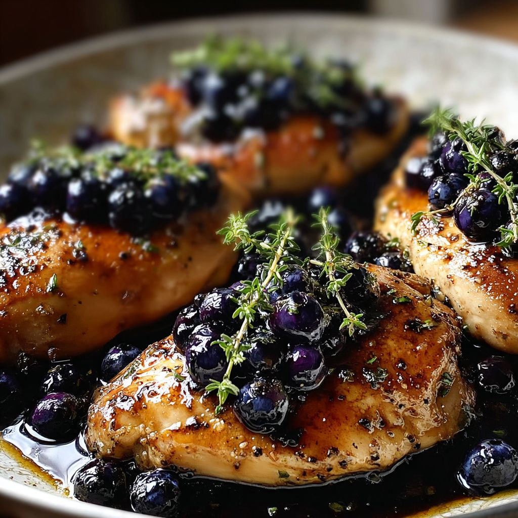 A plate of chicken with blueberries on top, possibly a recipe for chicken with blueberry sauce.