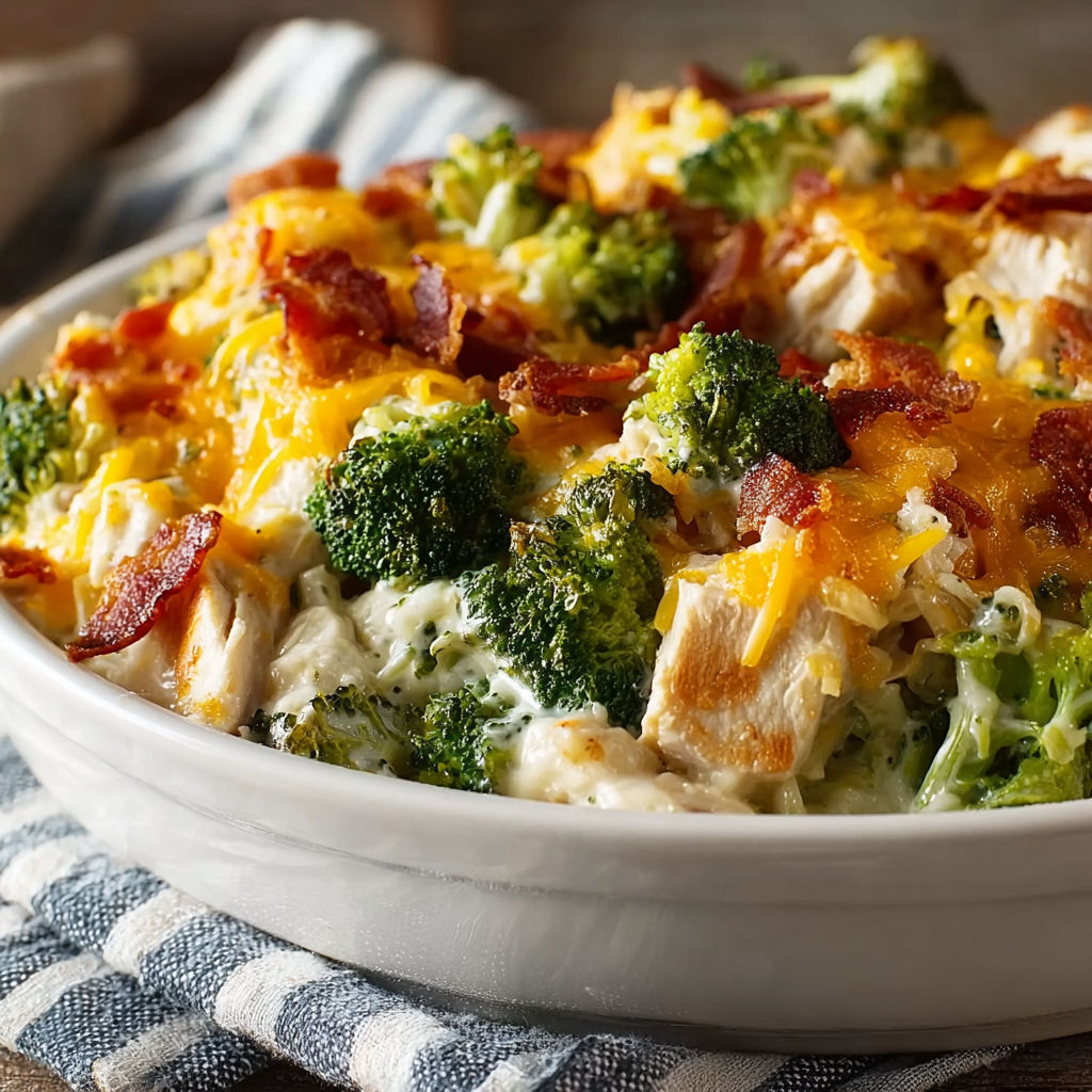 A white bowl filled with a delicious chicken and broccoli dish.