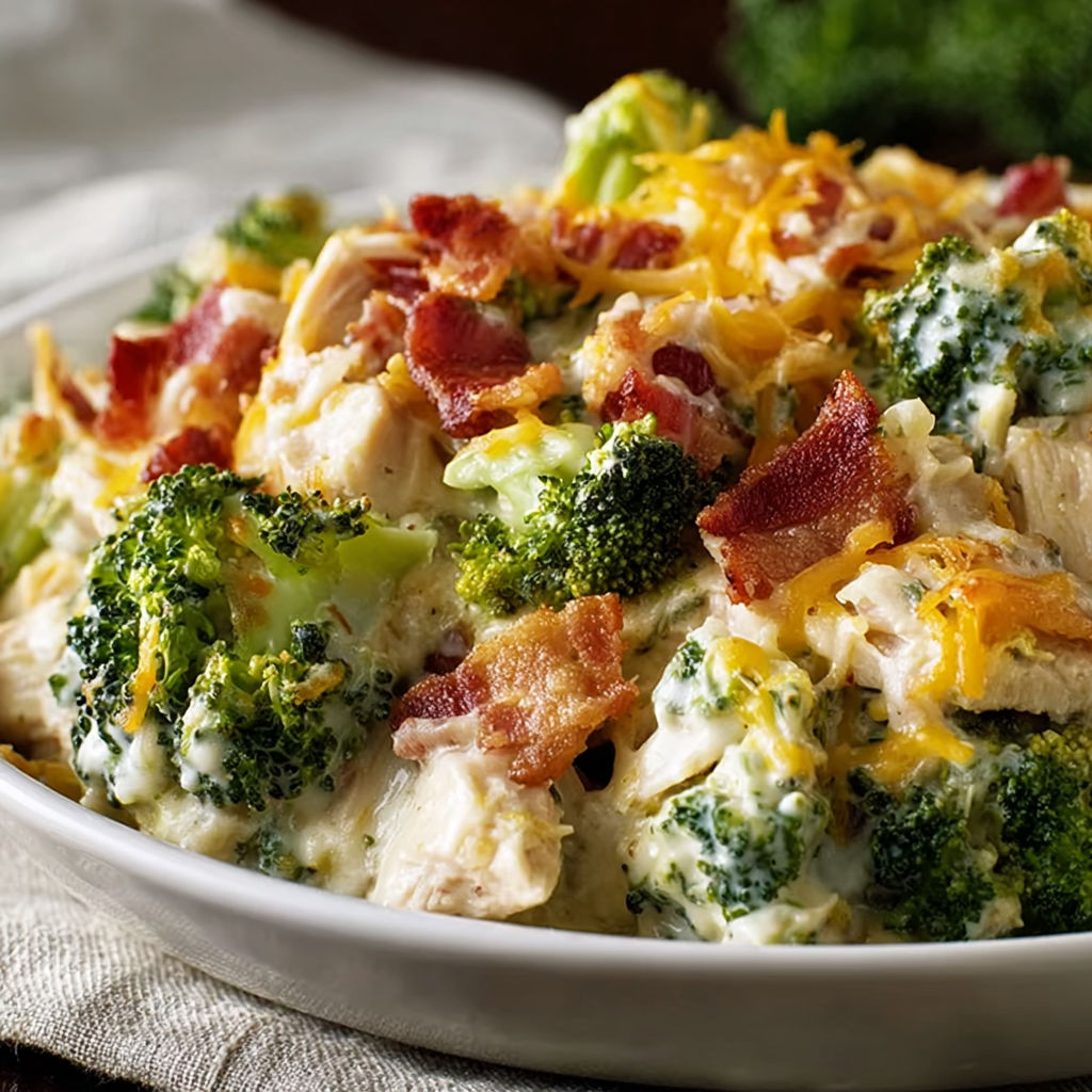 A white plate filled with a delicious bacon and broccoli casserole.