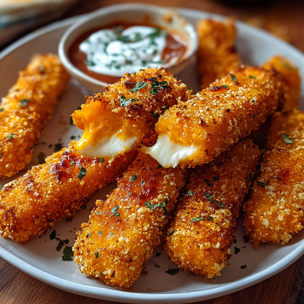 A plate of breaded cheese sticks with a side of marinara sauce.
