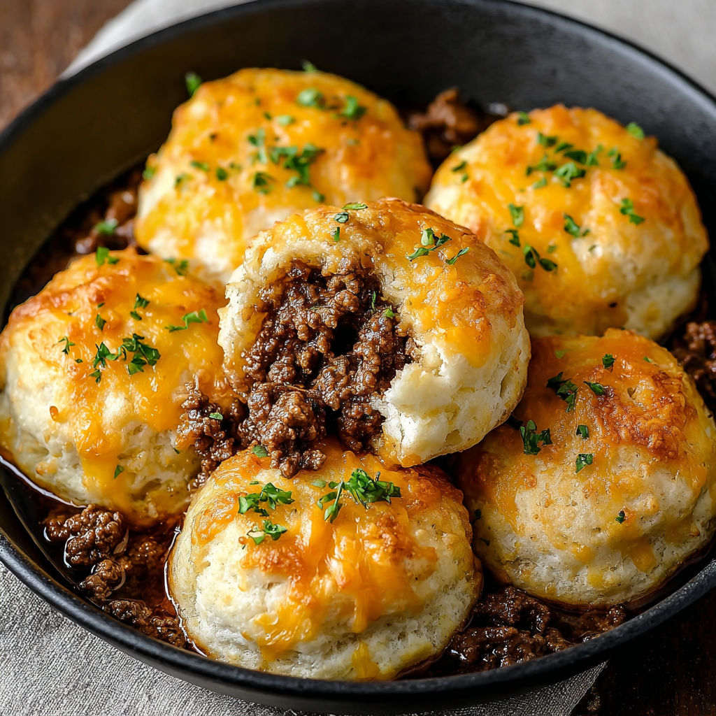 A bowl of meat and cheese filled dough balls, likely a meatball dish, is served in a black bowl.