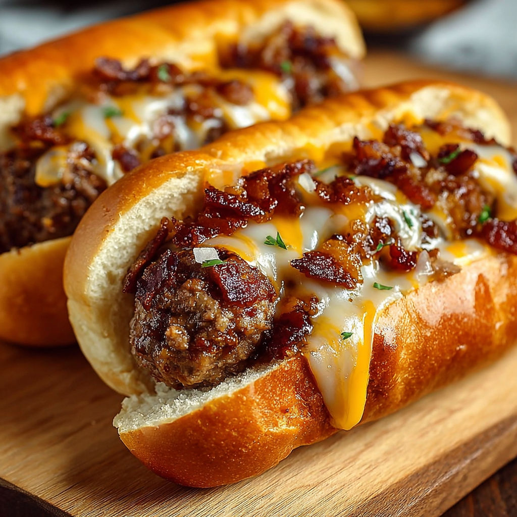 Two delicious bourbon BBQ bacon cheeseburger subs on a wooden table.