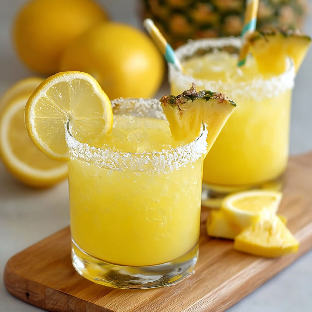 Two glasses of lemonade with pineapple garnish and a pile of lemons on a wooden cutting board.