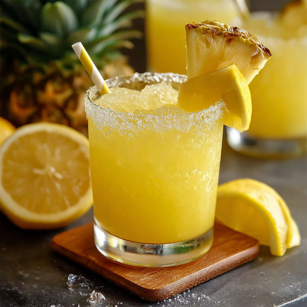 A glass of lemonade with a pineapple wedge on top.