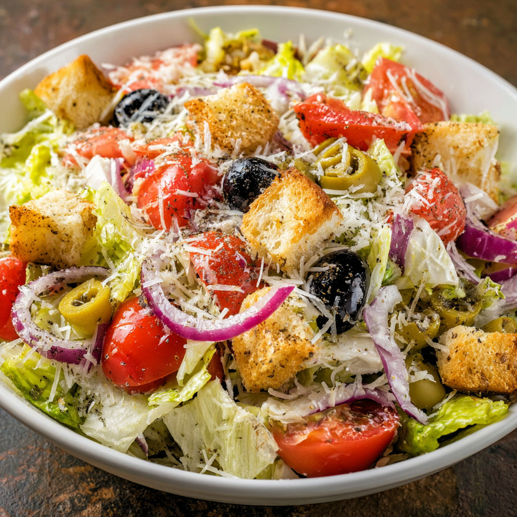 A bowl of salad with croutons, tomatoes, olives, and cheese.