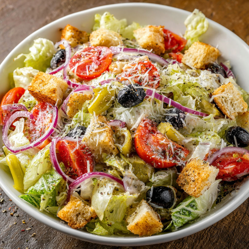 A white bowl filled with a salad containing lettuce, tomatoes, olives, and croutons.