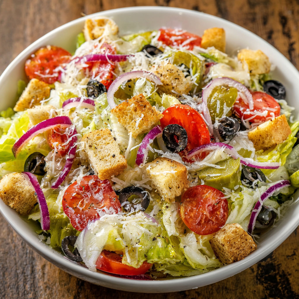 A bowl of salad with croutons, tomatoes, and olives.