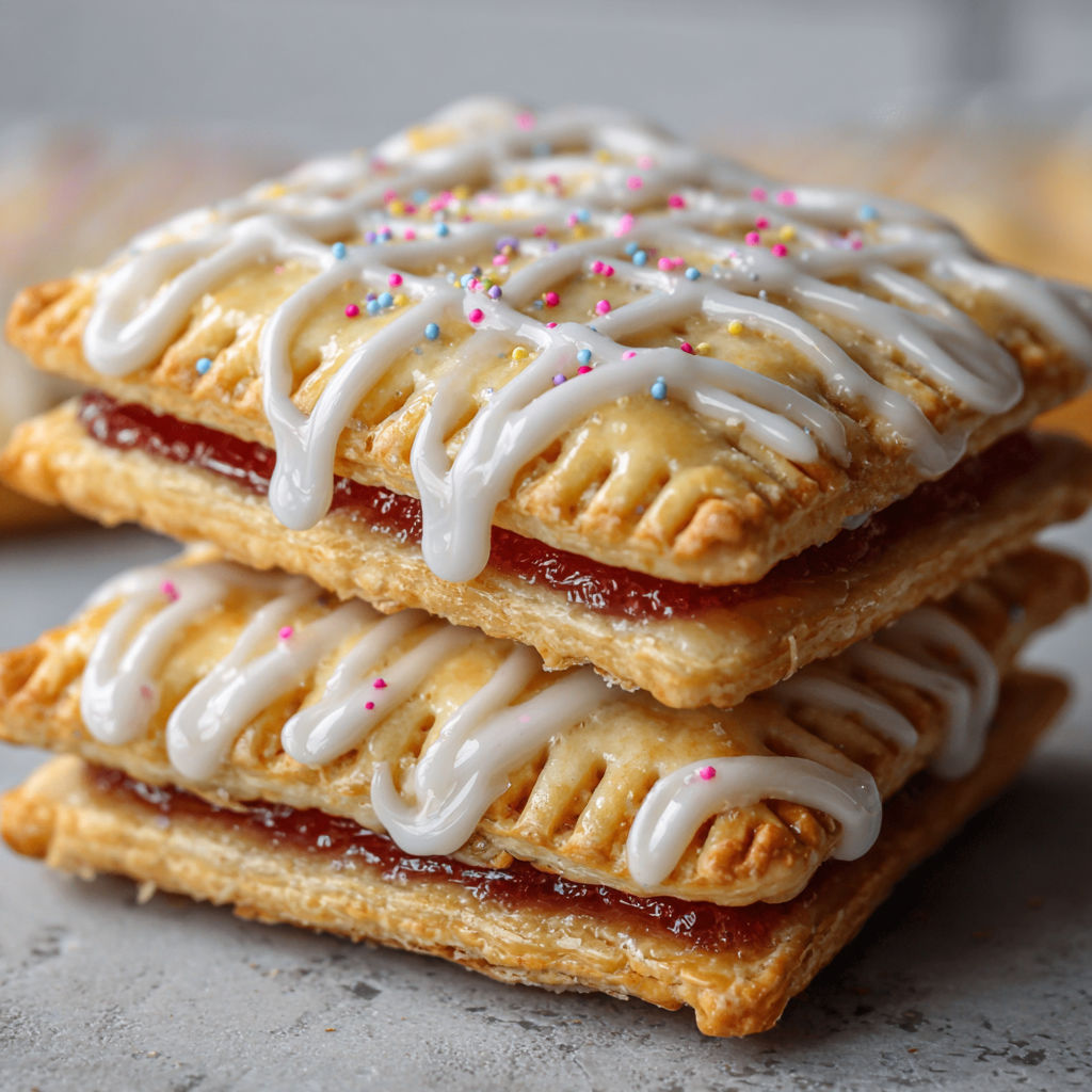 A stack of protein pop tarts with white icing and sprinkles.