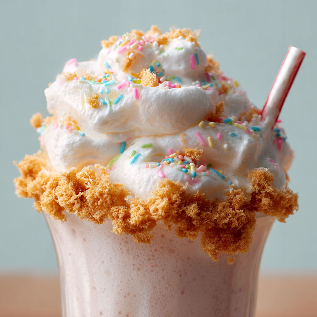 A delicious Cotton Candy Milkshake is topped with a generous amount of whipped cream and sprinkles.