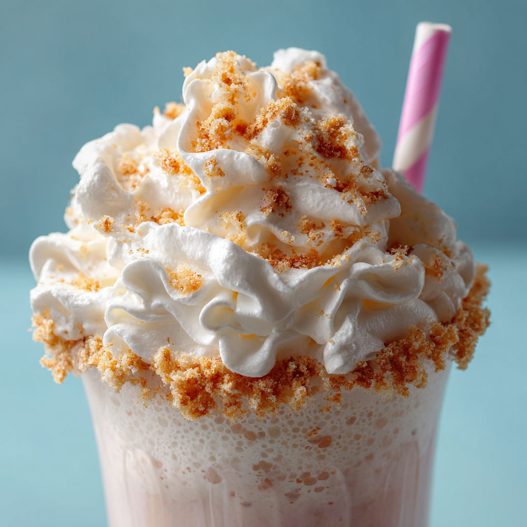 A glass of milkshake with whipped cream and crumbles on top.