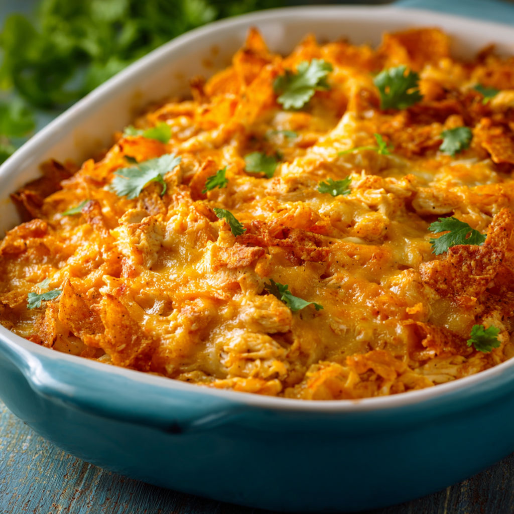 A blue bowl filled with a delicious Doritos Casserole with Chicken.