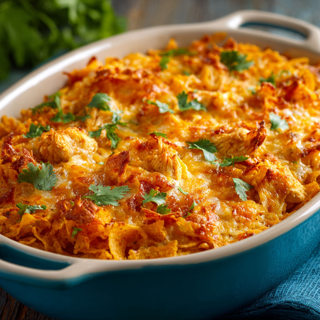 A delicious casserole dish filled with cheese, chicken, and vegetables.