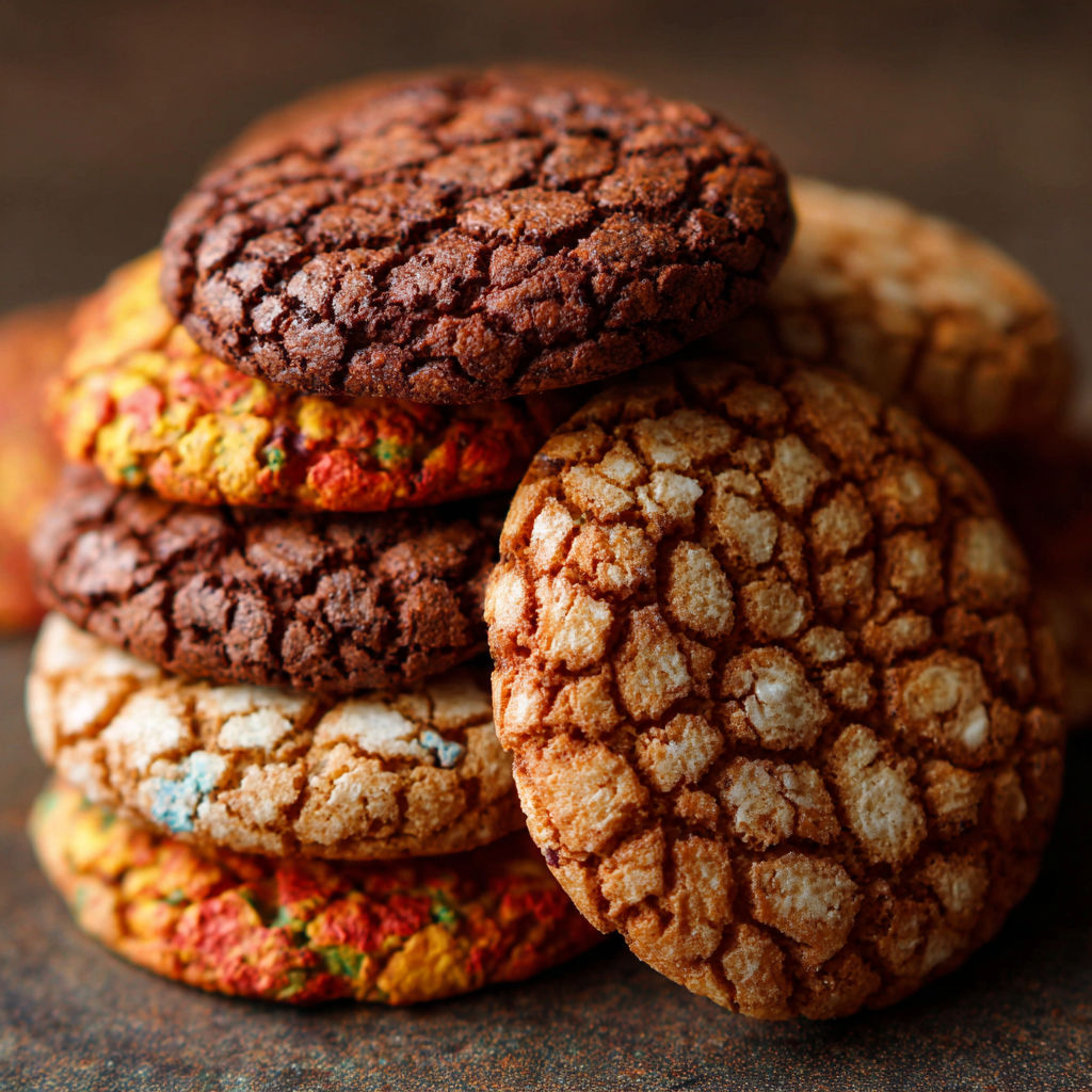 A stack of Fruity Pebble cookies on a table.