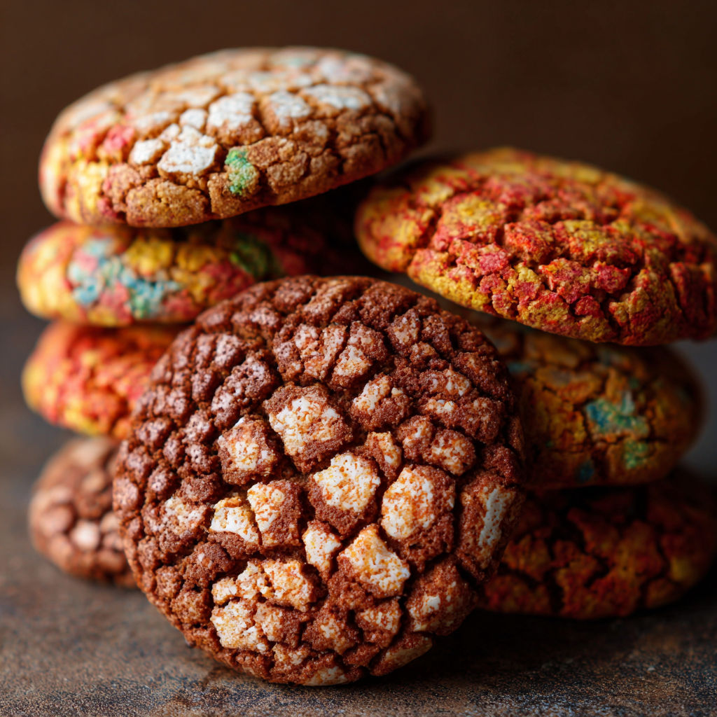 A stack of cookies with different flavors, including chocolate chip and orange, are displayed on a table.