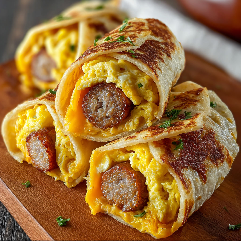Sausage, egg, and cheese breakfast roll-ups are stacked on a wooden cutting board.