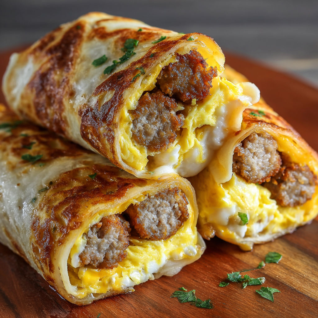 A delicious sausage, egg, and cheese breakfast roll-up is served on a wooden table.