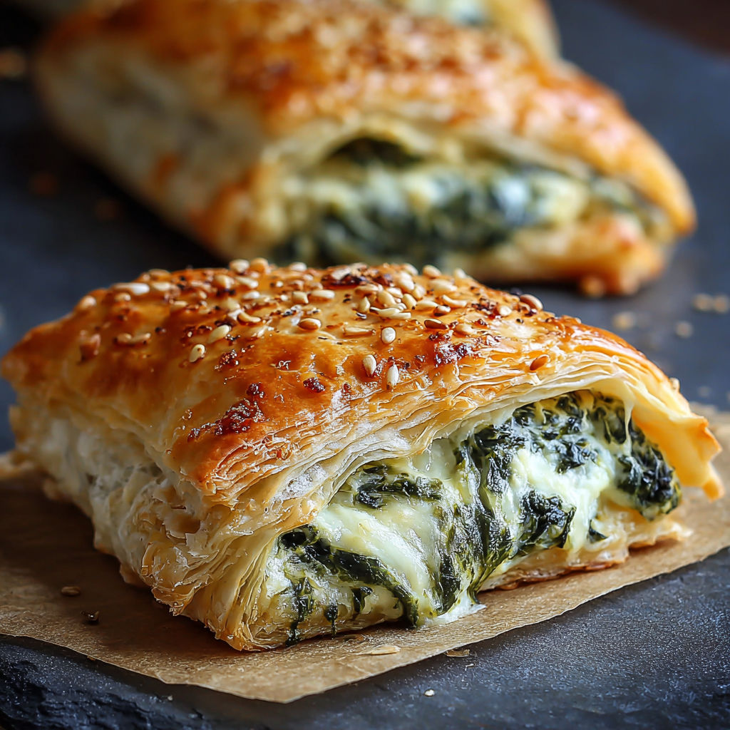 Two pieces of cheese and spinach stuffed pastry on a black surface.