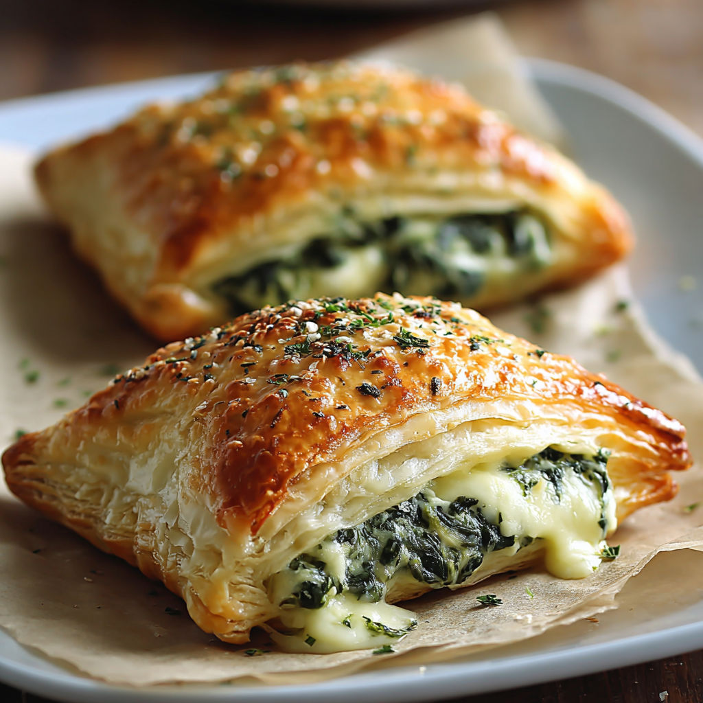 Two cheese and spinach stuffed pastries on a plate.