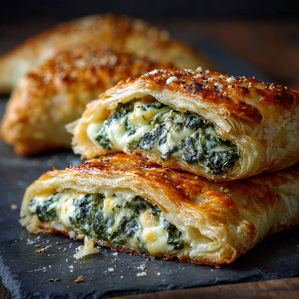 Two pieces of Cheese and Spinach Stuffed Pastry are displayed on a table.