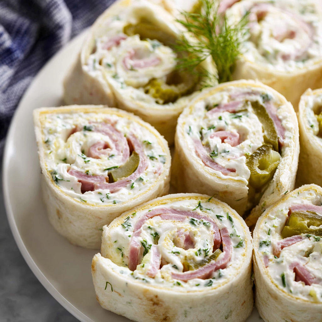 A plate of dill pickle pinwheels, a delicious appetizer.