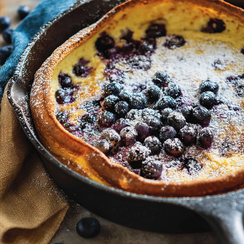 A delicious Blueberry Lemon Dutch Baby is ready to be served.