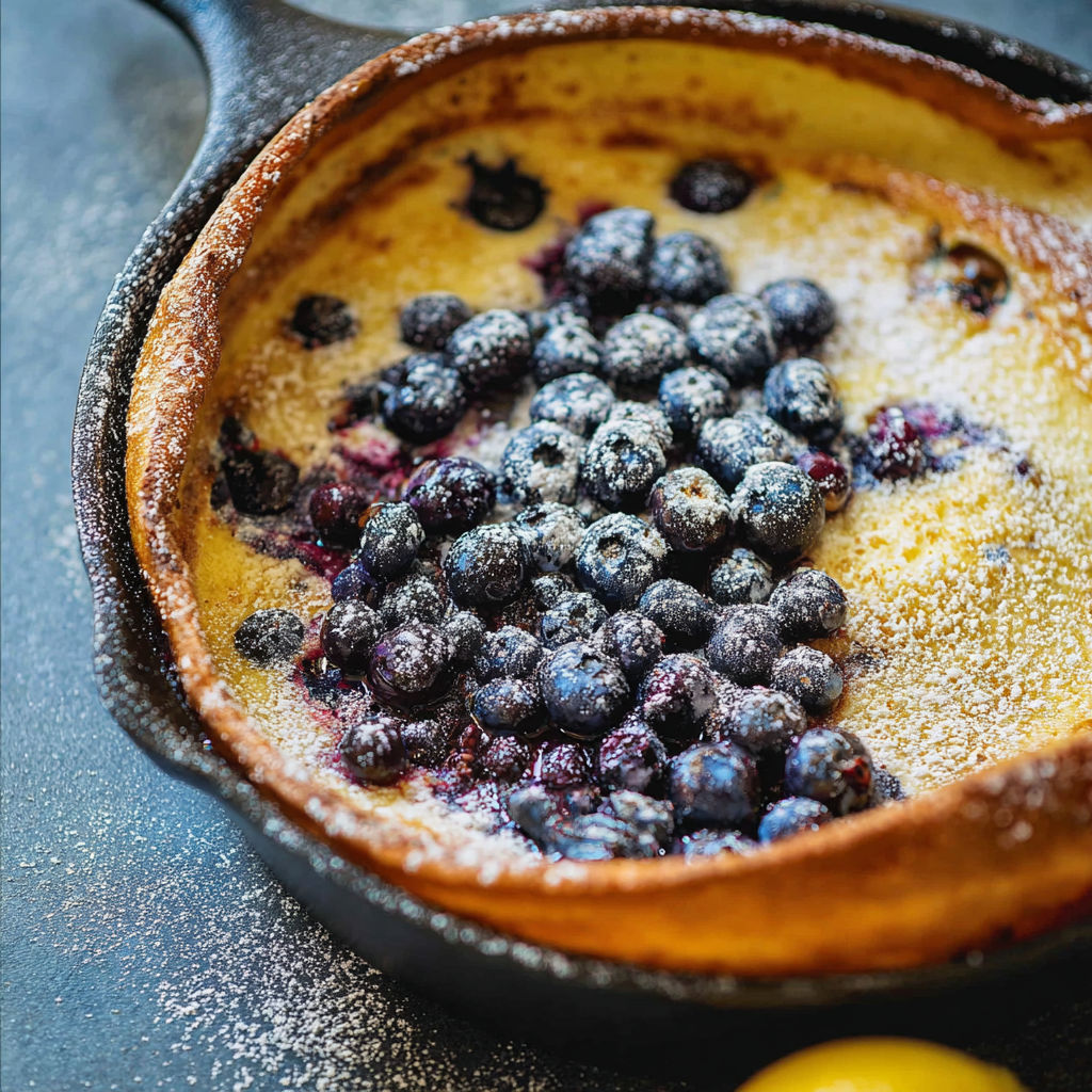 A blueberry cobbler in a cast iron skillet, topped with blueberries and powdered sugar.