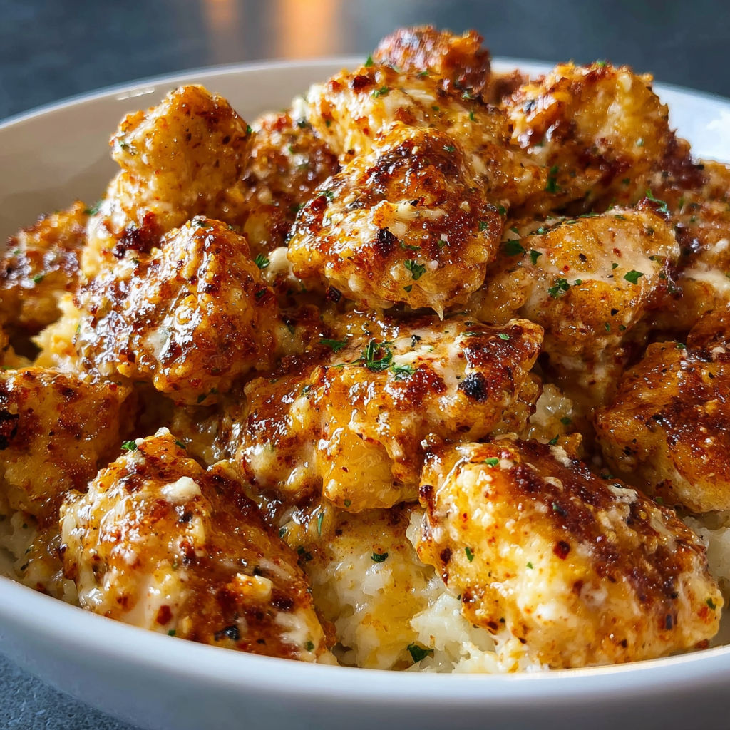 A bowl of Cottage Cheese Parmesan Firecracker Chicken.