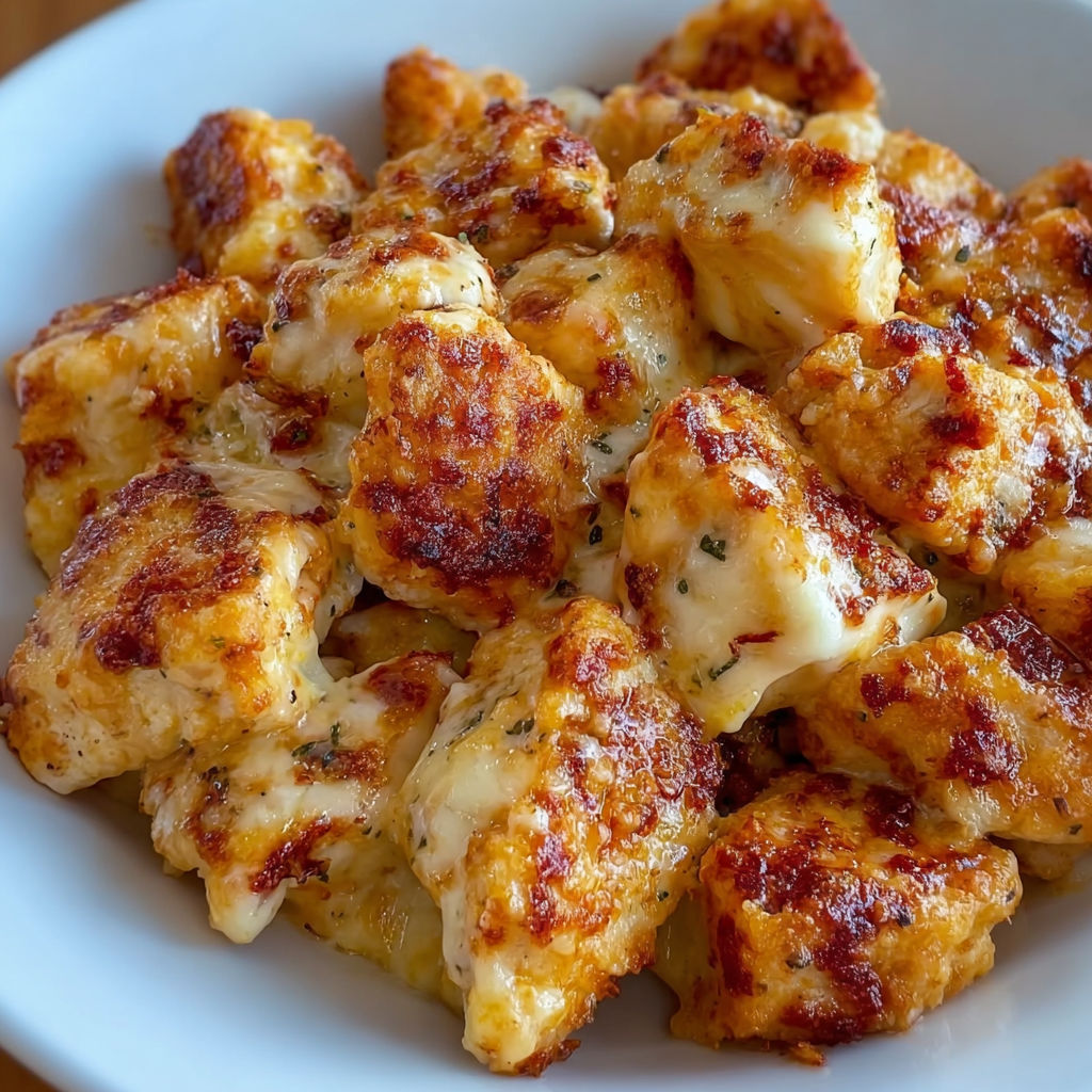 A white plate filled with cheesy chicken bites.