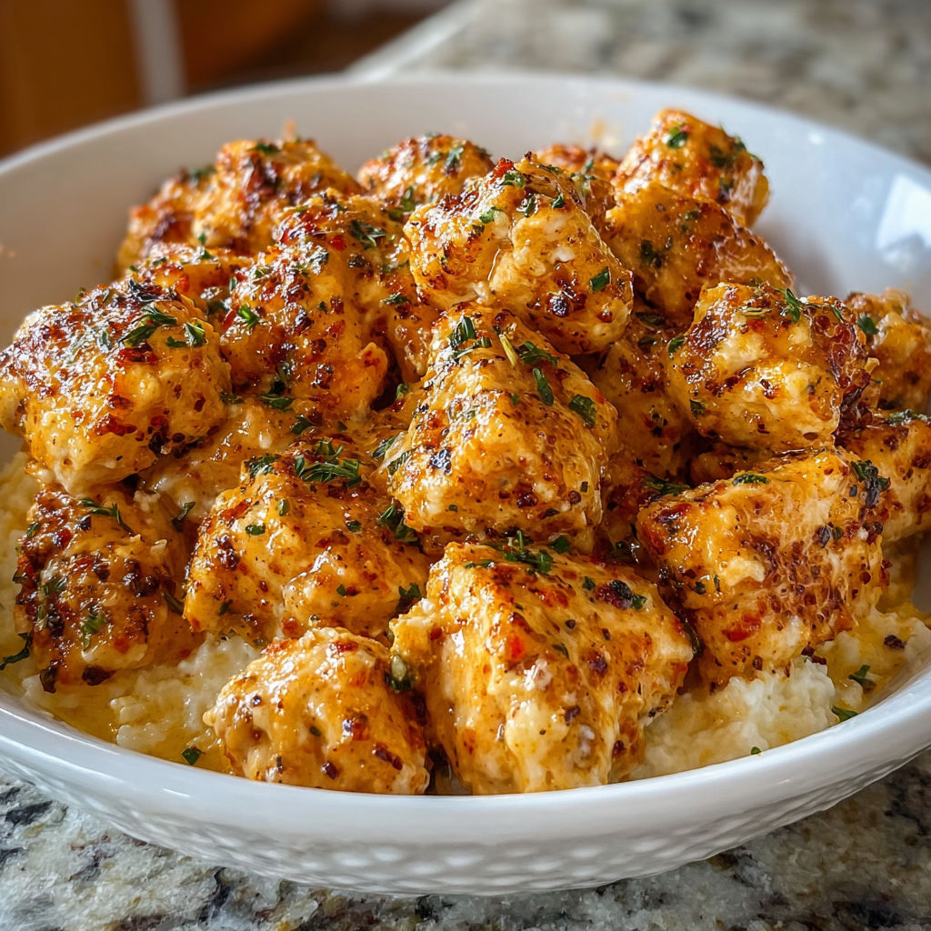 A white bowl filled with a delicious chicken dish, garnished with herbs and spices, sits on a granite countertop.
