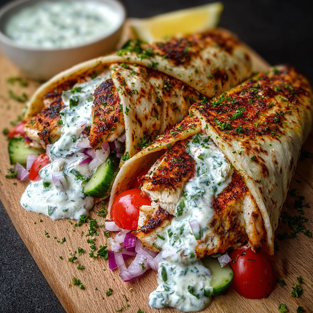 A delicious Greek Chicken Wrap with Garlic Yogurt Sauce is displayed on a wooden cutting board.