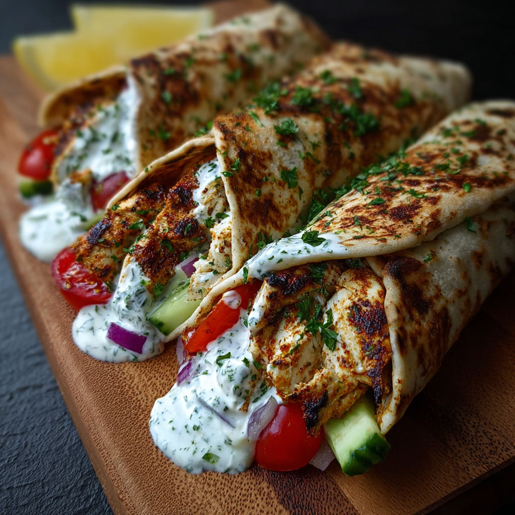 Two delicious Greek Chicken Wraps with Garlic Yogurt Sauce, topped with tomatoes and cucumbers, are served on a wooden cutting board.