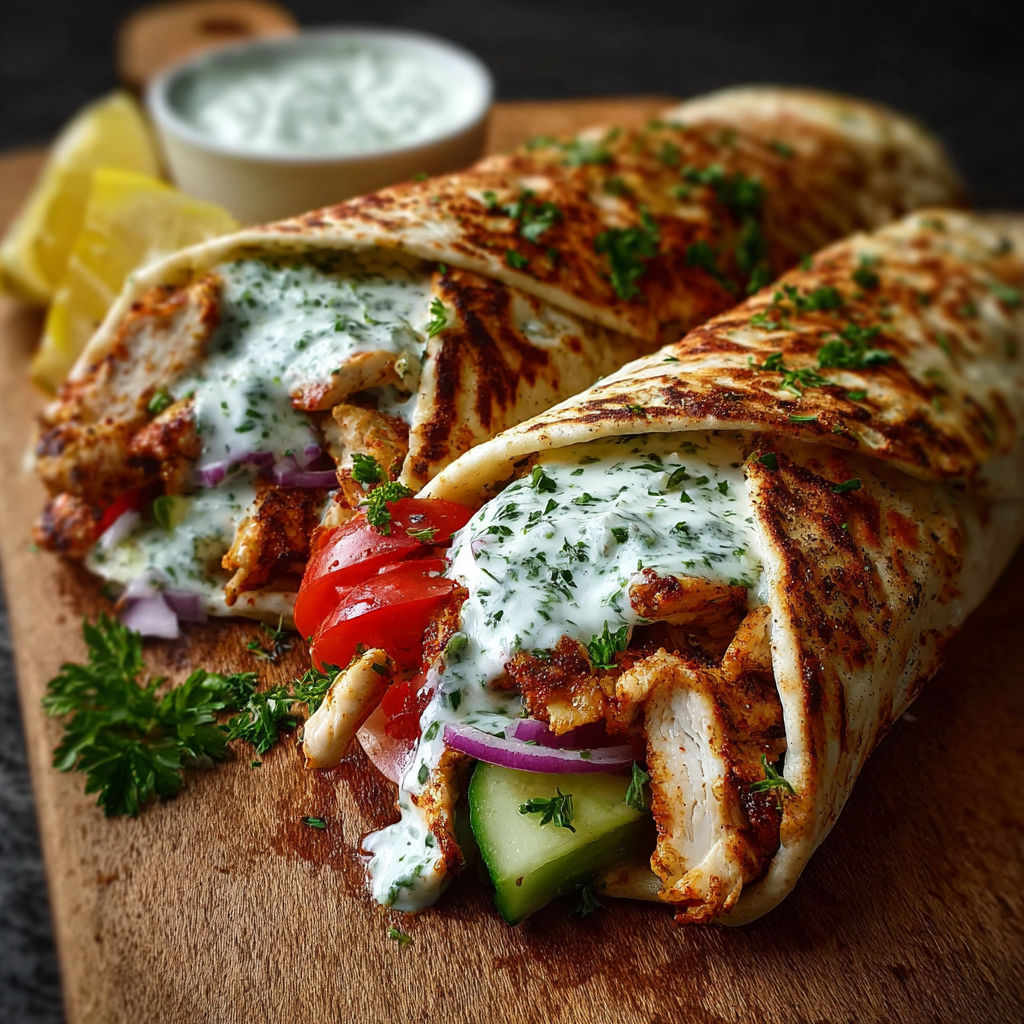 A delicious Greek Chicken Wrap with Garlic Yogurt Sauce is displayed on a wooden cutting board.