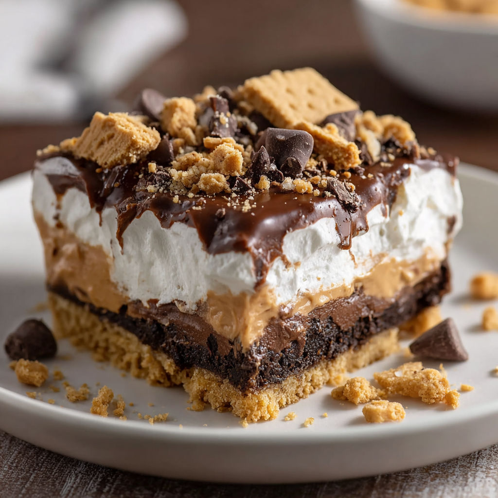 A slice of chocolate and peanut butter pie with a white plate.