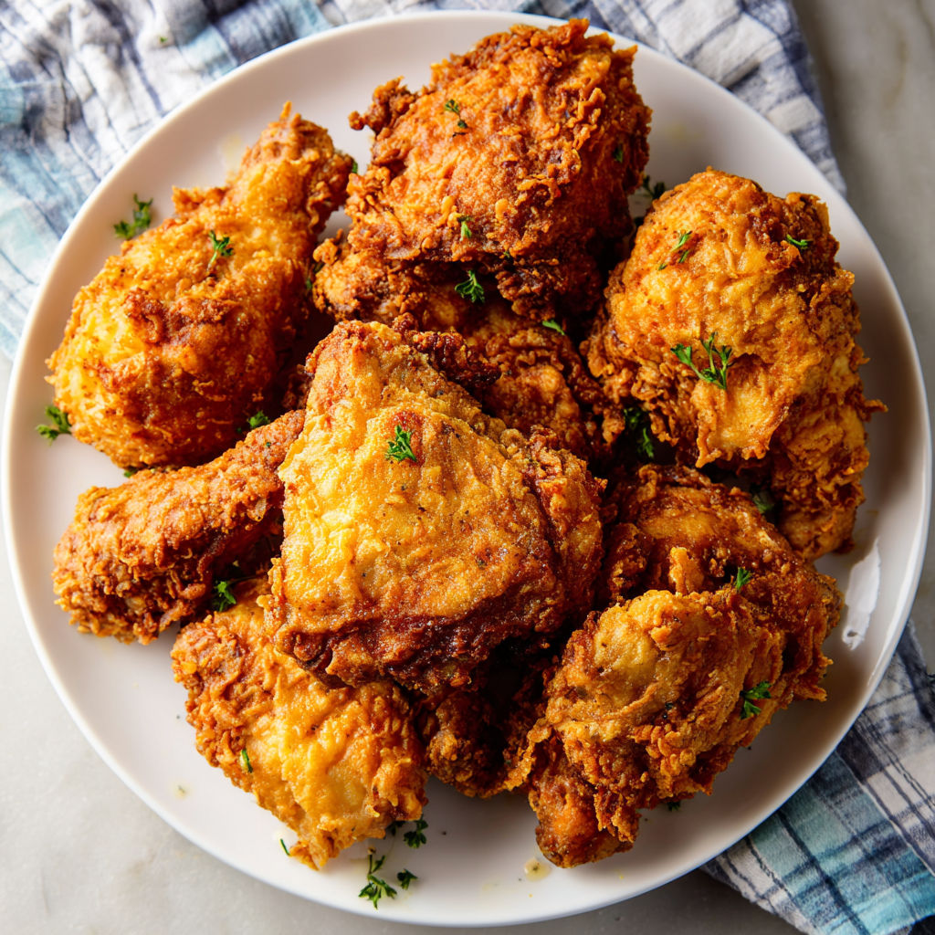 A plate of fried chicken with herbs on top.