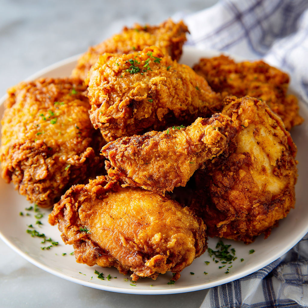 A plate of fried chicken with a green garnish on a table.