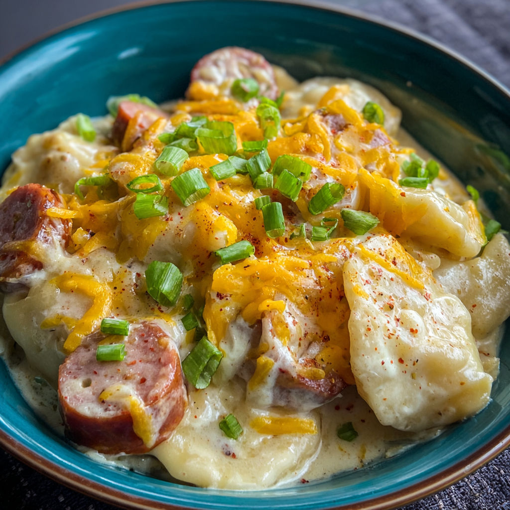 A bowl of delicious food with a variety of ingredients, including sausage, cheese, and green onions, is presented on a dining table.