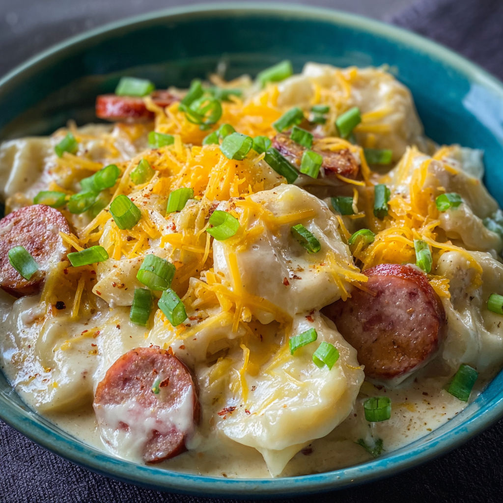 A bowl of pasta with cheese and sausage, topped with green onions.