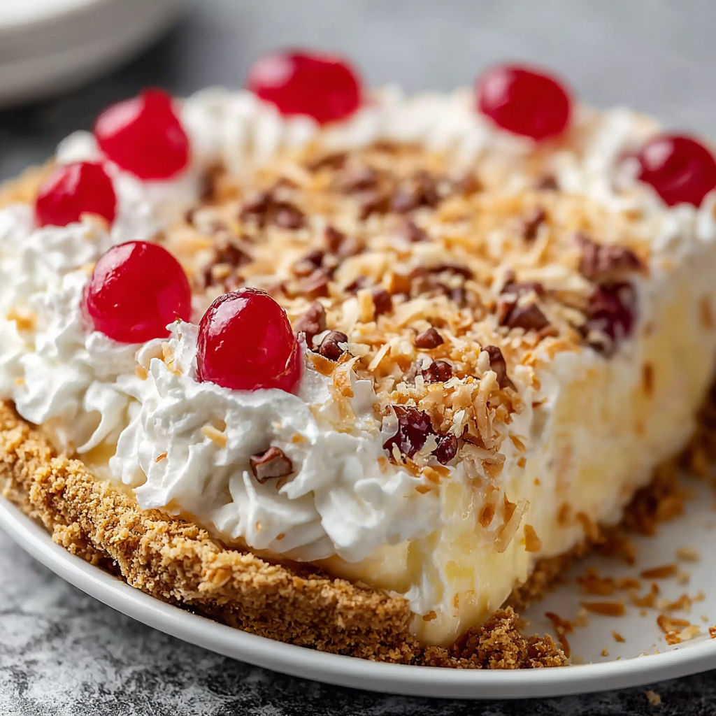 A slice of coconut cream pie with cherries on top.