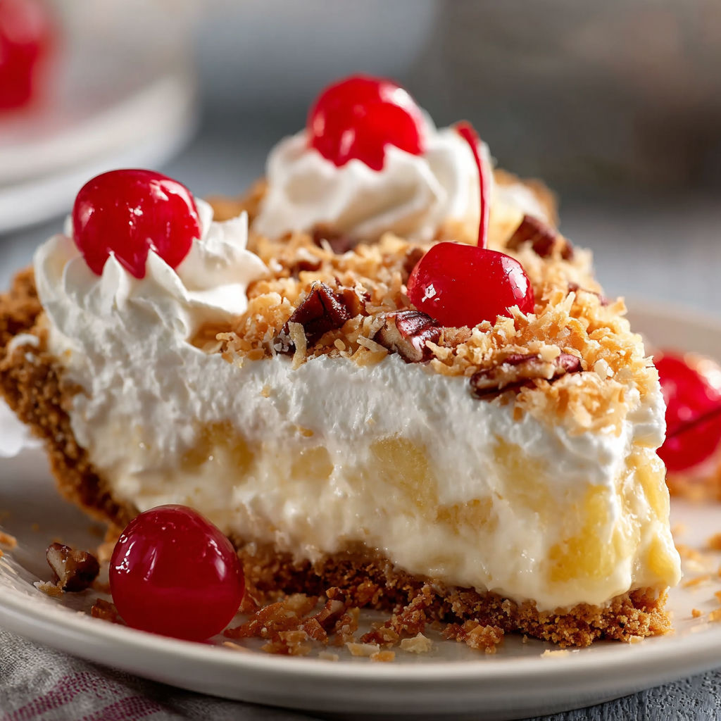 A slice of pie with cherries and whipped cream on a plate.