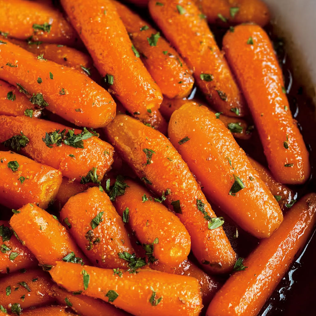 A close up of candied carrots in a bowl.