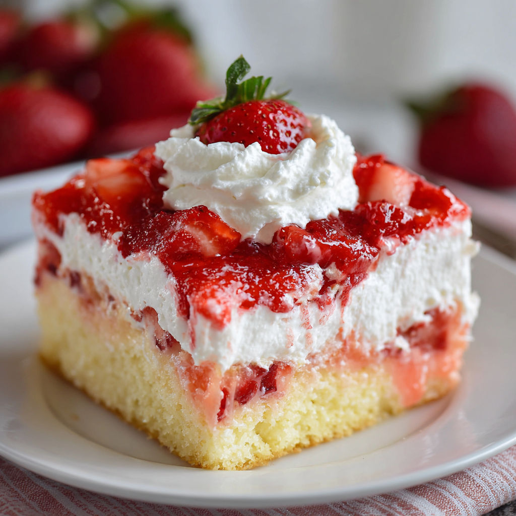 A slice of Strawberry Cheesecake Poke Cake is served on a white plate.