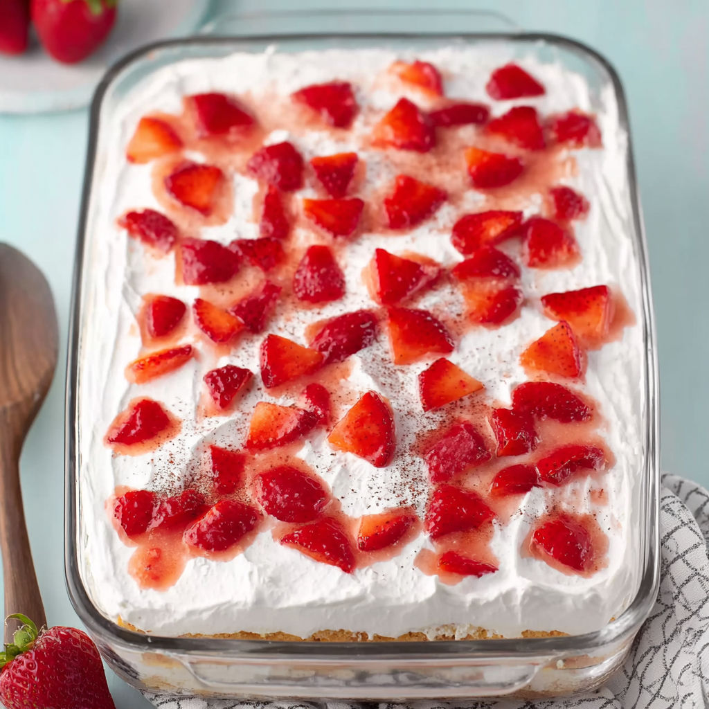 A delicious dessert with a white cream filling and strawberries on top.