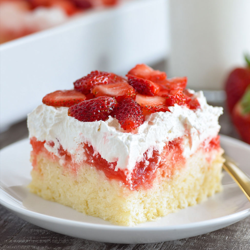 A slice of cake with white frosting and strawberries on top, placed on a white plate.