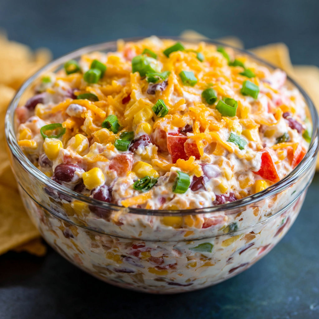 A bowl of Cowboy Caviar, a dish made with corn, tomatoes, and cheese, is displayed on a table.
