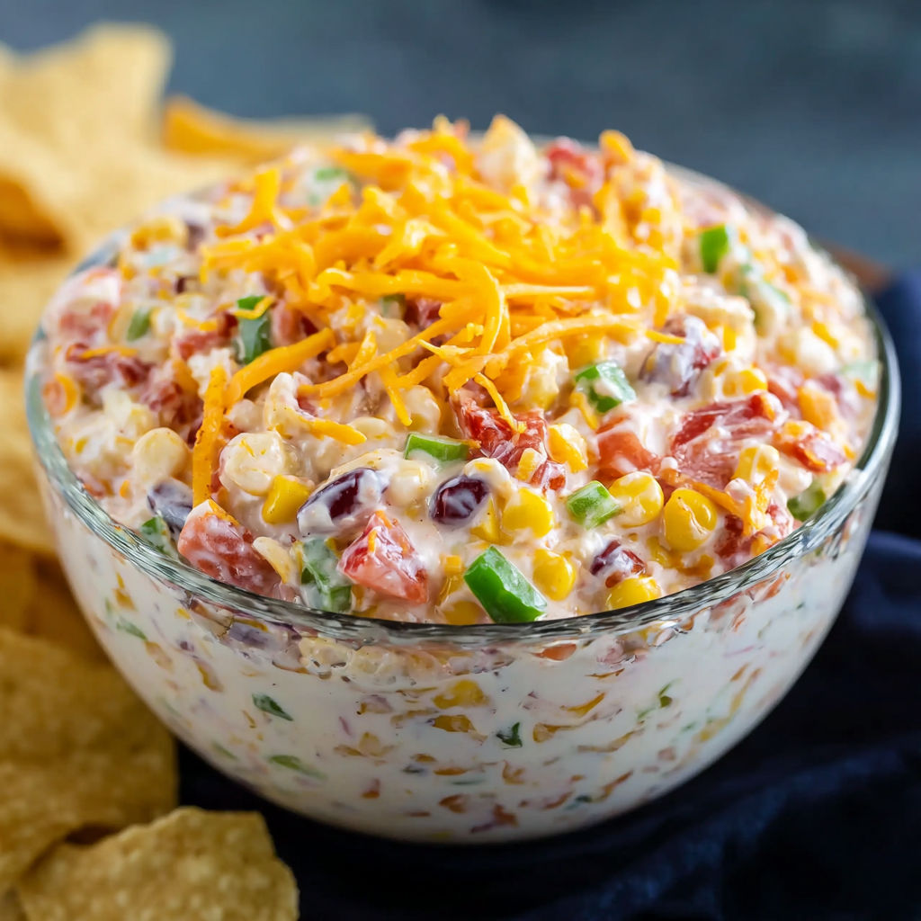 A bowl of Cowboy Caviar with cheese and chips on the side.