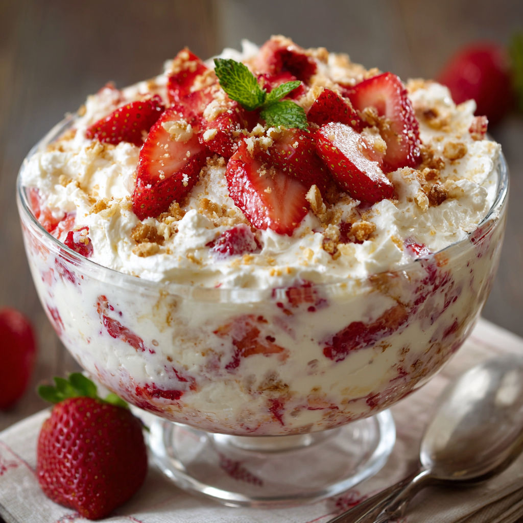 A delicious dessert made with strawberries, cream, and nuts, served in a glass bowl.